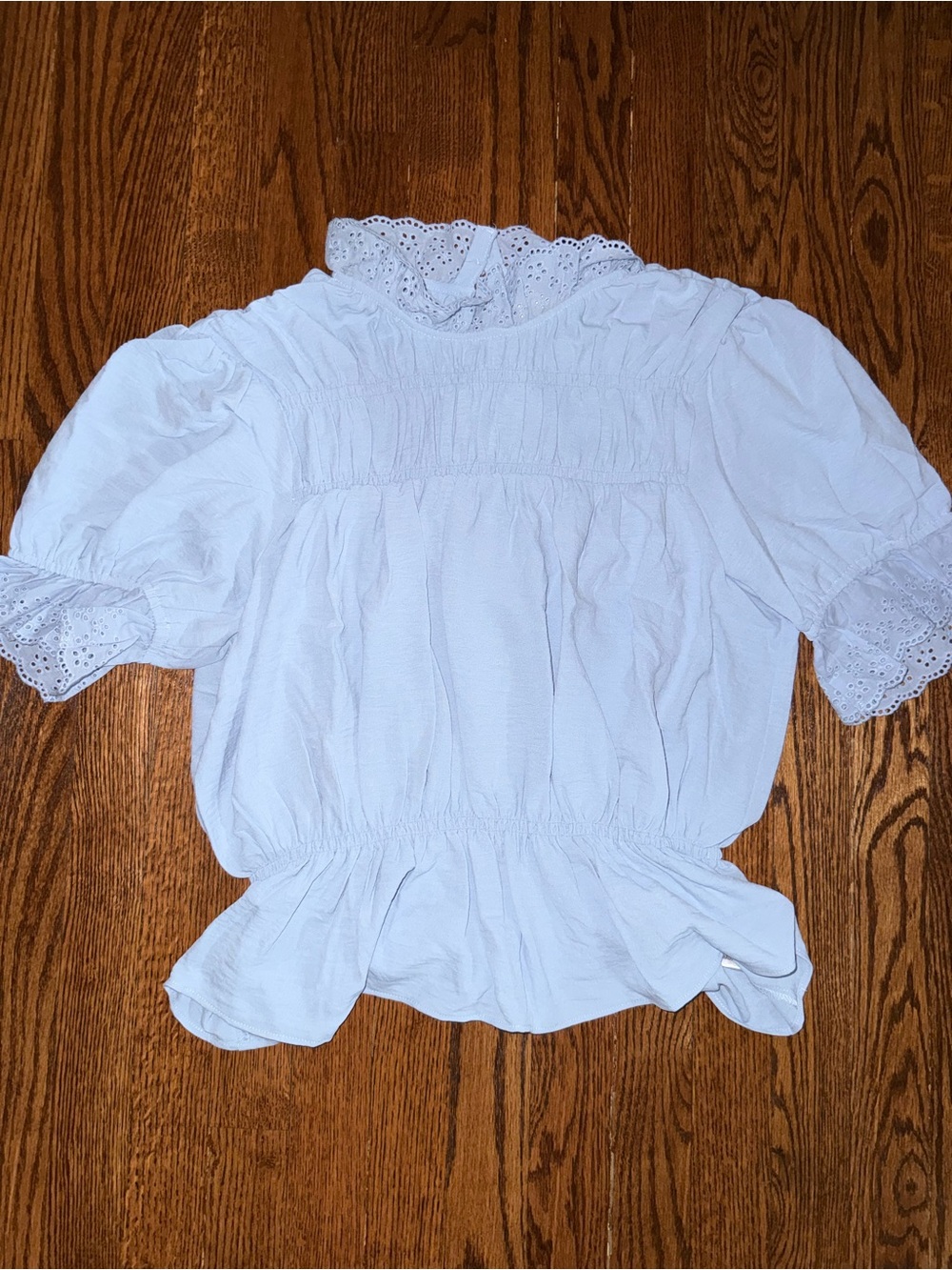 Umgee White Eyelet Ruffle Neck Puff Sleeve Blouse